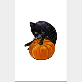 Pumpkin and black cat in Autmn Posters and Art